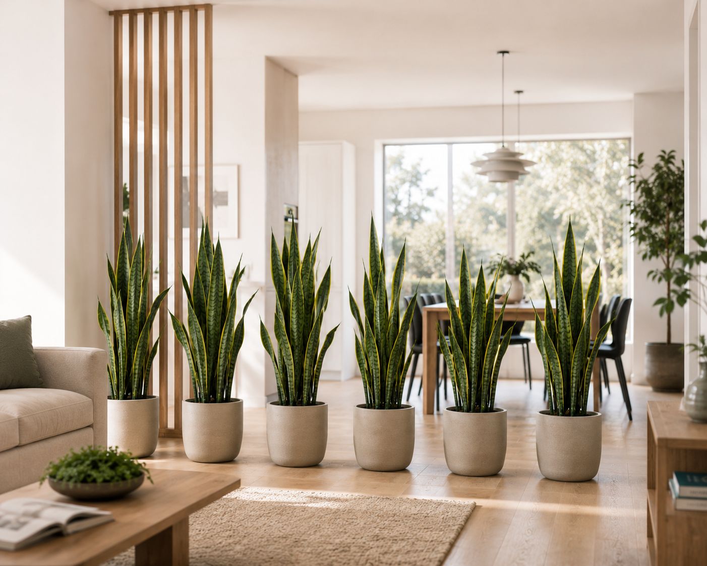 A row of five tall snake plants in matching pots spaced evenly in a line, dividing an open-plan living and dining space, modern minimal interior, lifestyle photography