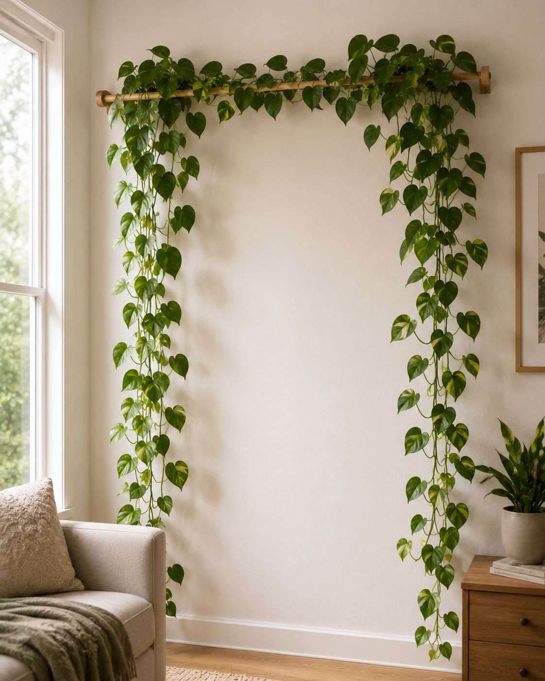 A trailing pothos plant trained along a horizontal wooden dowel mounted high on a wall beside a window, long vines cascading down like a living curtain, minimal interior, lifestyle photography