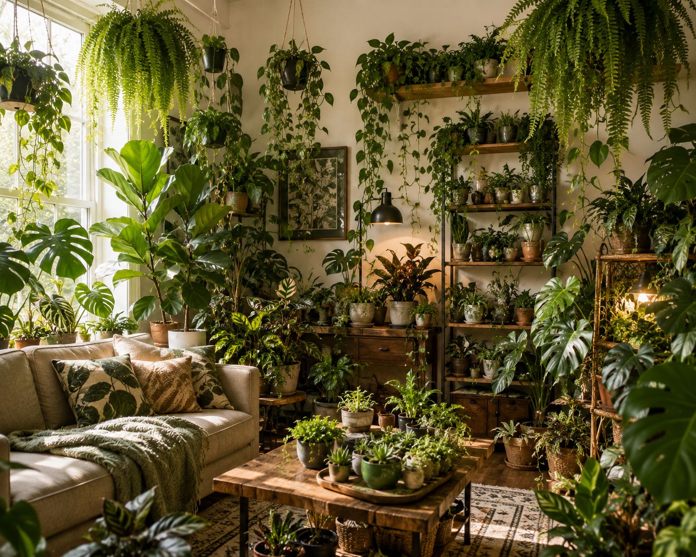 A living room densely filled with dozens of houseplants at every level, floor plants, shelf plants, hanging plants, and surface plants creating a lush jungle effect, bohemian interior, lifestyle photography
