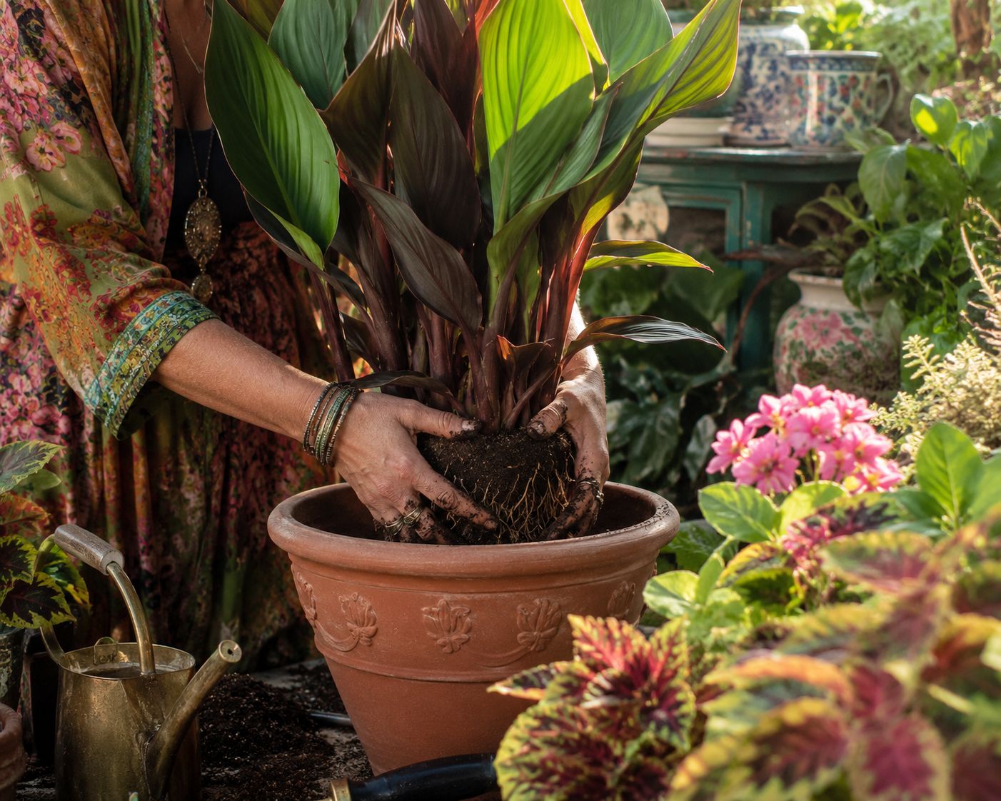 Hands planting a large Canna lily into a terracotta pot surrounded by lush maximalist planting