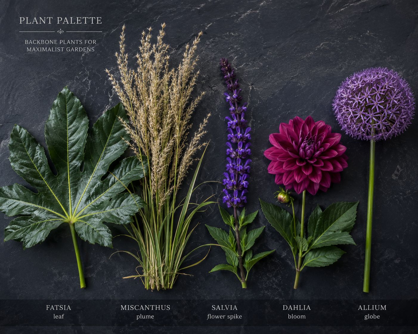 Styled flat-lay of backbone maximalist plants — Fatsia leaf, Miscanthus plume, Salvia spike, Dahlia bloom, Allium globe