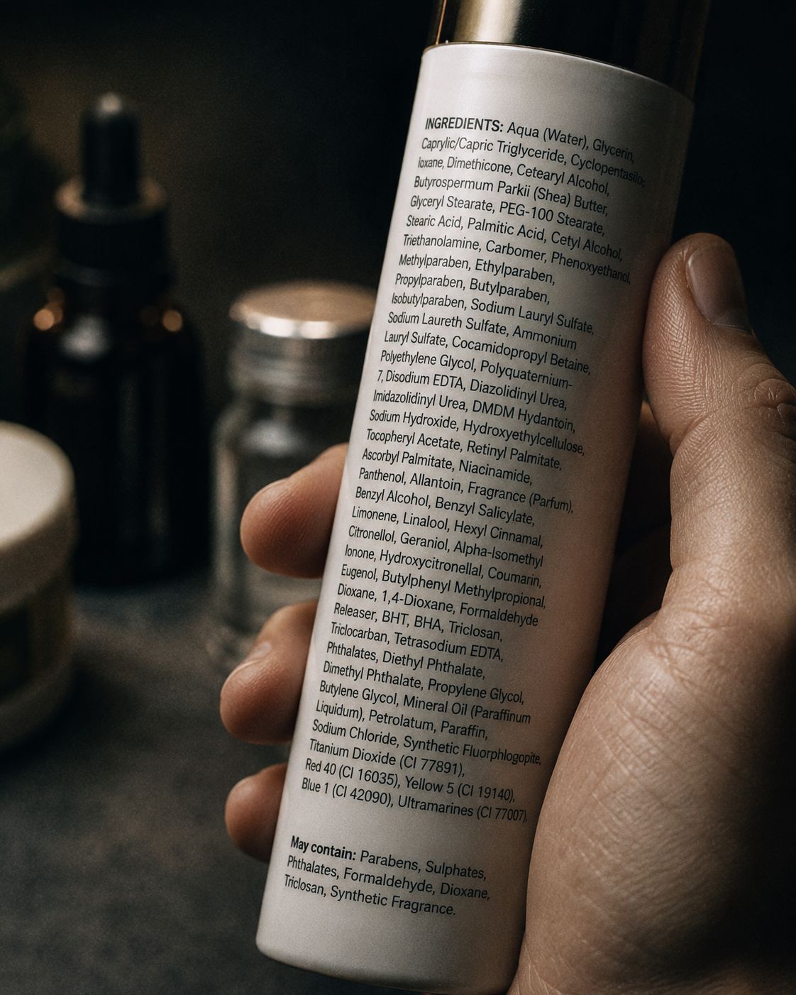 Close-up of a commercial cosmetic product ingredient label showing a long list of chemical names — parabens, phthalates, synthetic fragrances — held by a person's hand, dark moody editorial photography, stark and unsettling, no text overlay