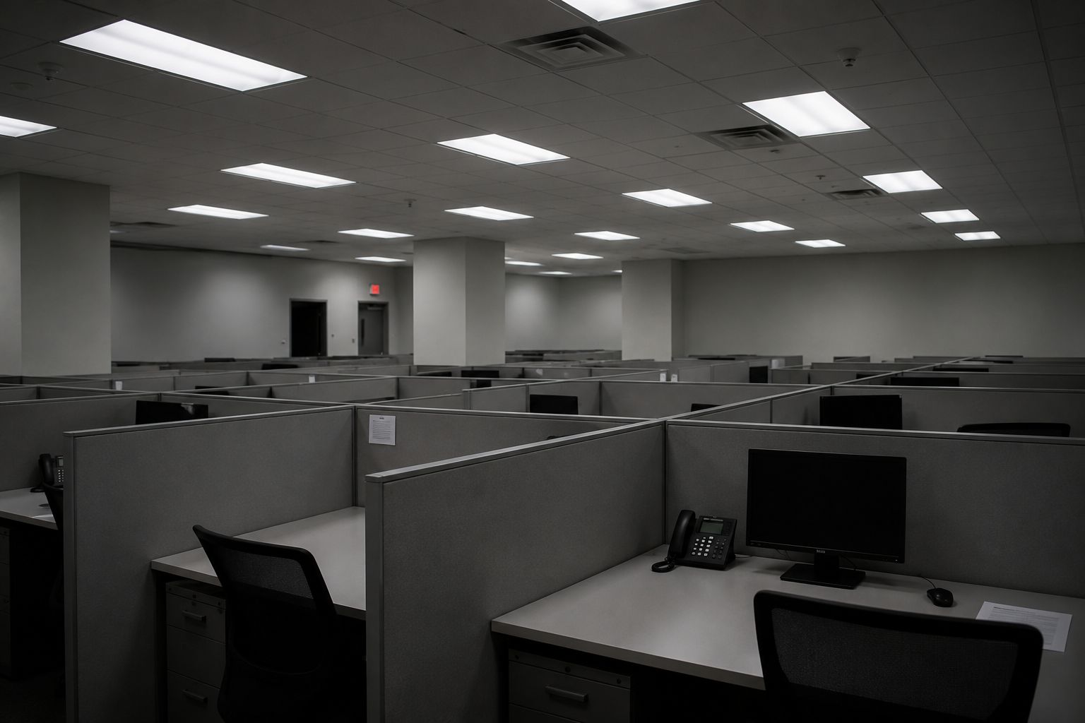 A sterile, windowless open-plan office with fluorescent lighting and grey cubicles, cold artificial atmosphere, documentary photography