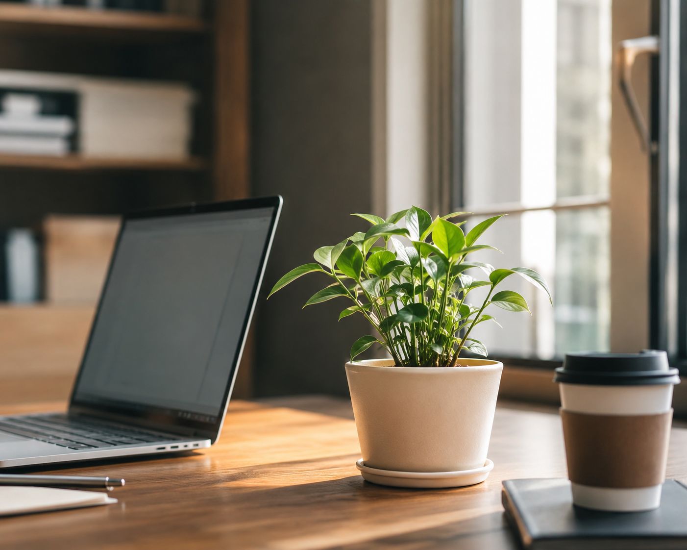 A single small potted plant on a wooden office desk beside a laptop and coffee cup, soft natural light from a nearby window, calm and simple, documentary photography