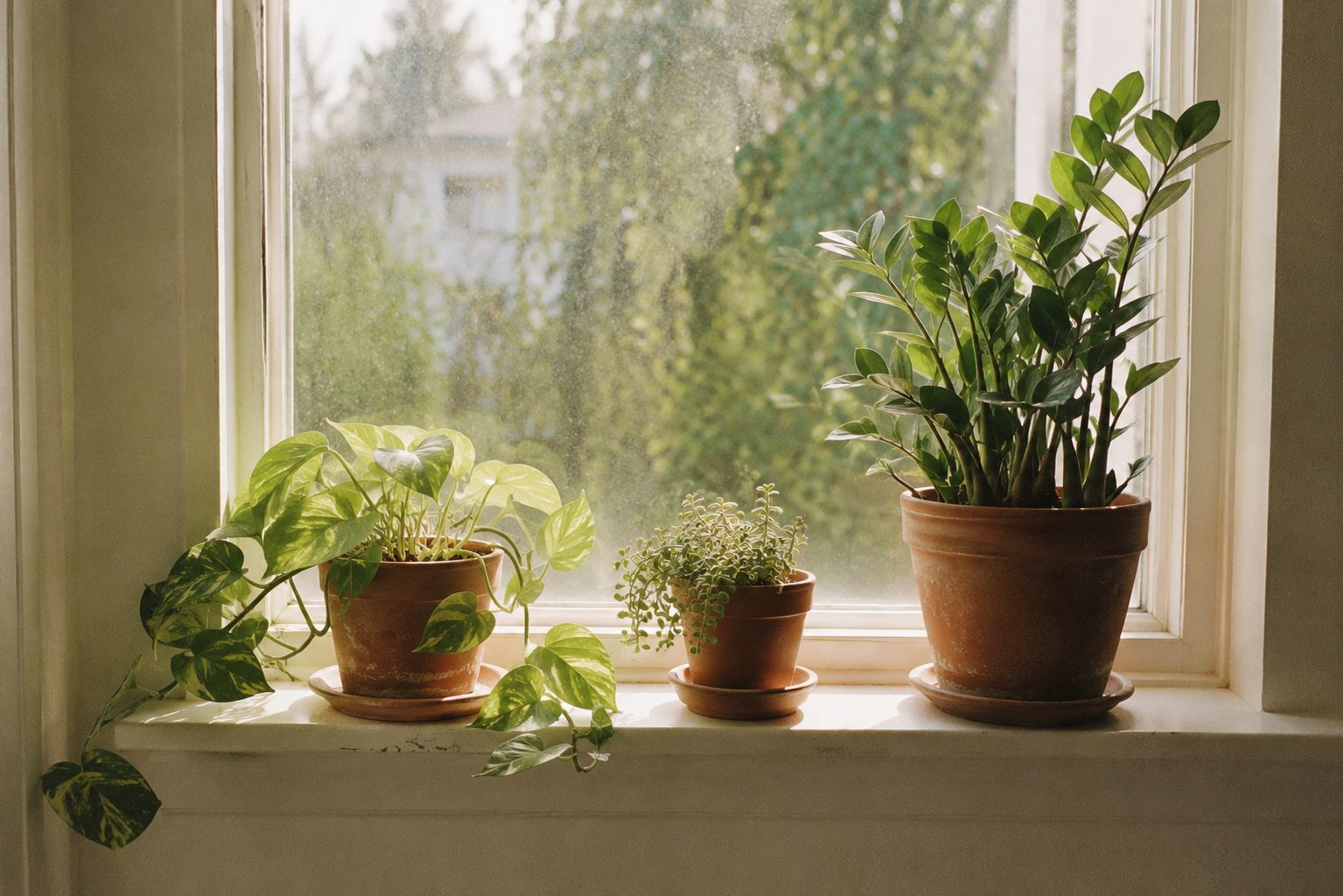 A windowsill with three plants in terracotta pots of different shapes and sizes, warm morning light coming through, no one in frame, still and calm, film grain, warm neutral tones