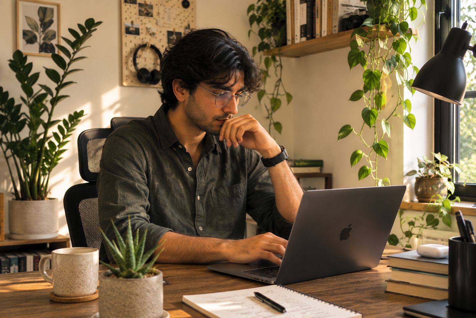 A person sitting calmly at a home office desk with small plants within arm's reach — a succulent, trailing pothos on a shelf, a ZZ plant in the corner — natural window light, focused and relaxed, documentary style photography