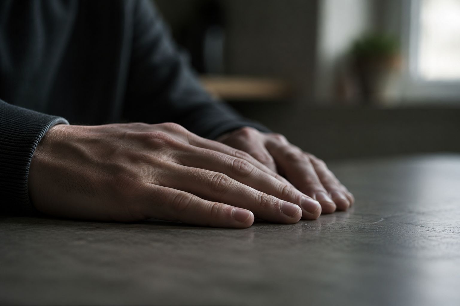 A close-up of a person's hands resting flat on a desk, tension visible in the fingers, a blurred background suggesting a workspace. Documentary photography, muted tones, natural light.