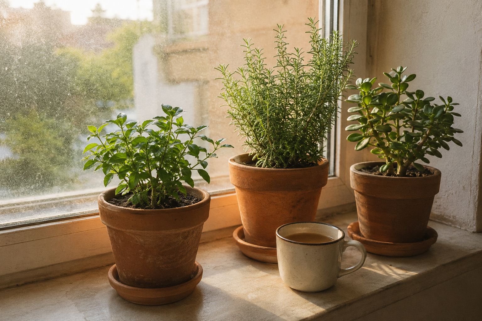 A bright windowsill with three plants in terracotta pots of different heights, morning light coming through the glass, a cup of tea resting beside them. Still, calm, lived-in. No staging. Warm tones.