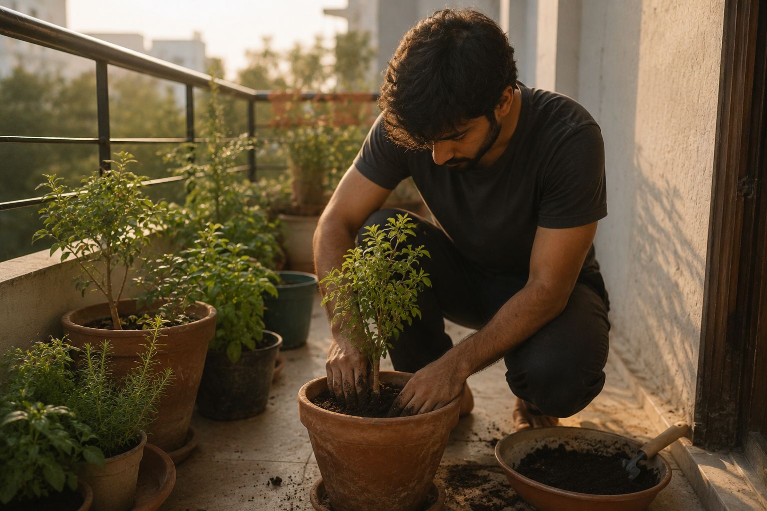 A person kneeling beside a potted plant on a balcony, hands in the soil, repotting. They are not looking at the camera. Early morning light. The image is simple, honest, documentary style.