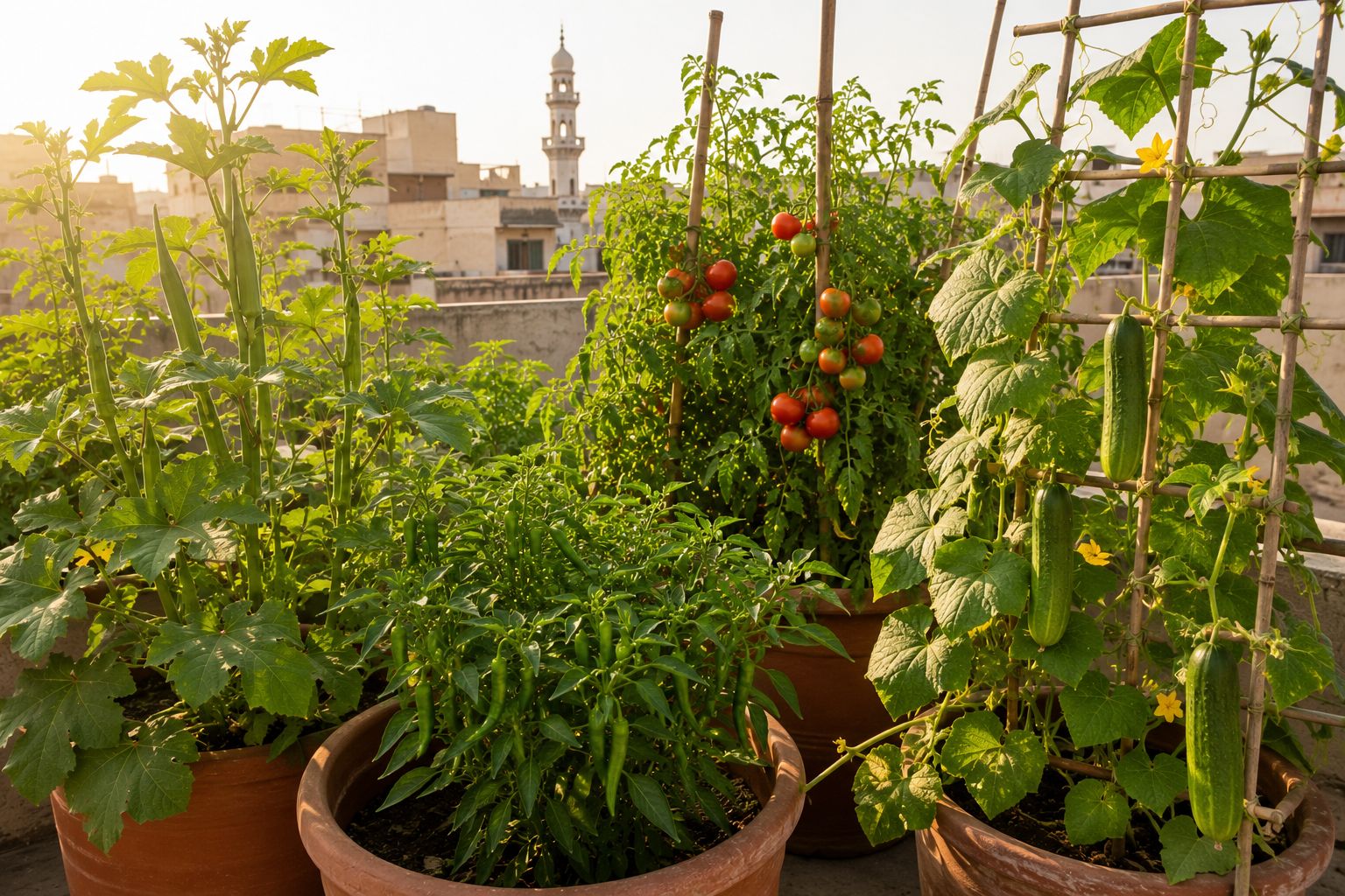 Thriving summer rooftop kitchen garden in Pakistan with bhindi, hari mirch, tamatar, and kheera plants in large terracotta pots under bright summer sun, lush green leaves, warm lifestyle photography