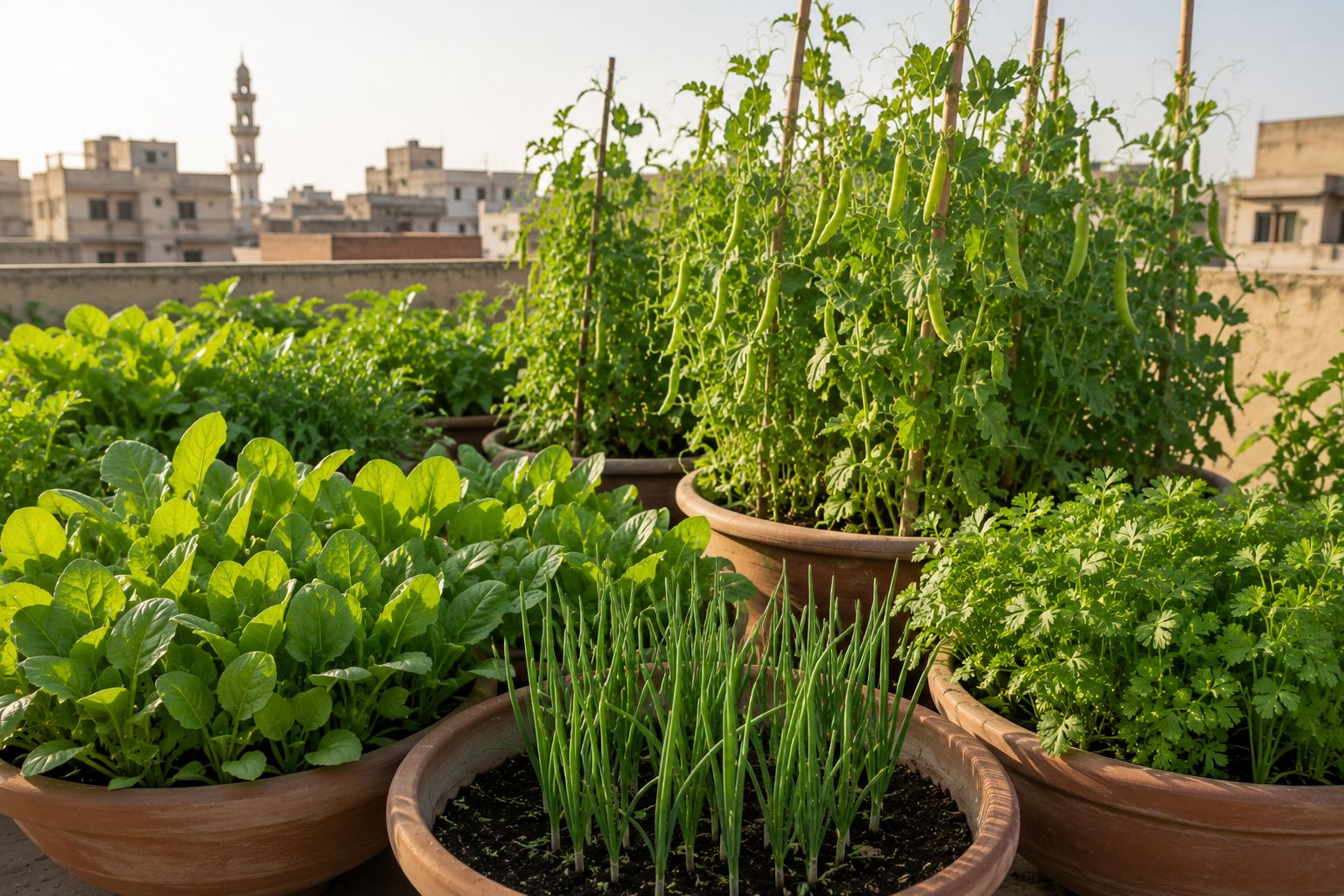 Cool winter rooftop kitchen garden in Pakistan with rows of spinach, peas in pods, fresh dhaniya, and pyaz bulbs growing in wide terracotta pots under soft winter sunlight, clean lifestyle photography