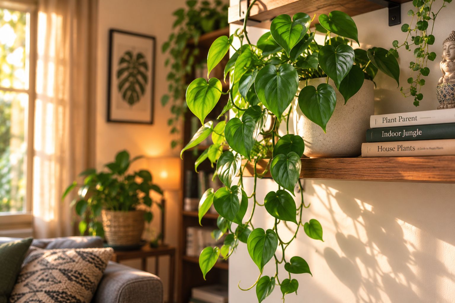 Philodendron with glossy heart-shaped leaves trailing off a wooden shelf