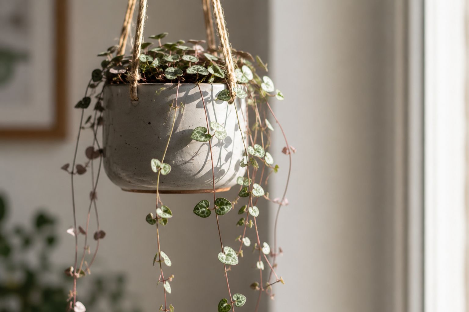 String of Hearts vine with tiny heart-shaped leaves trailing from a small hanging pot
