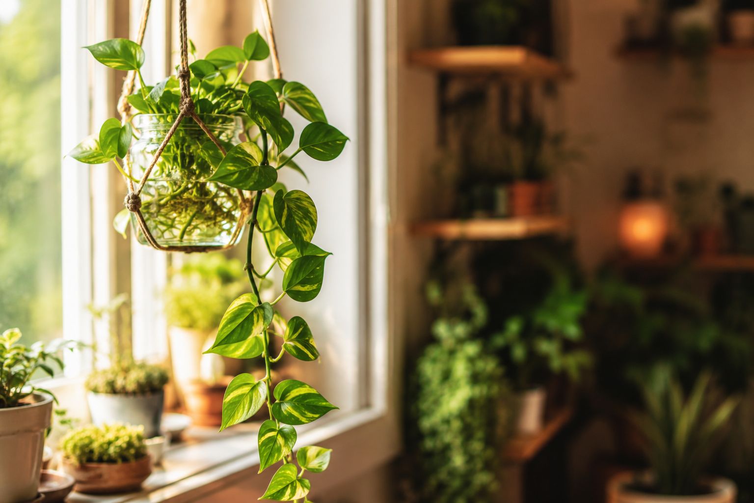 Money Plant trailing from a hanging pot on a bright windowsill