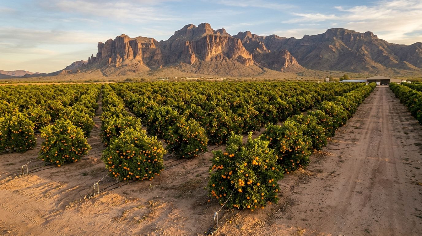 Neat rows of citrus trees heavy with bright orange fruit in a desert orchard, dramatic mountain backdrop, warm late-afternoon light, professional agricultural landscape photography
