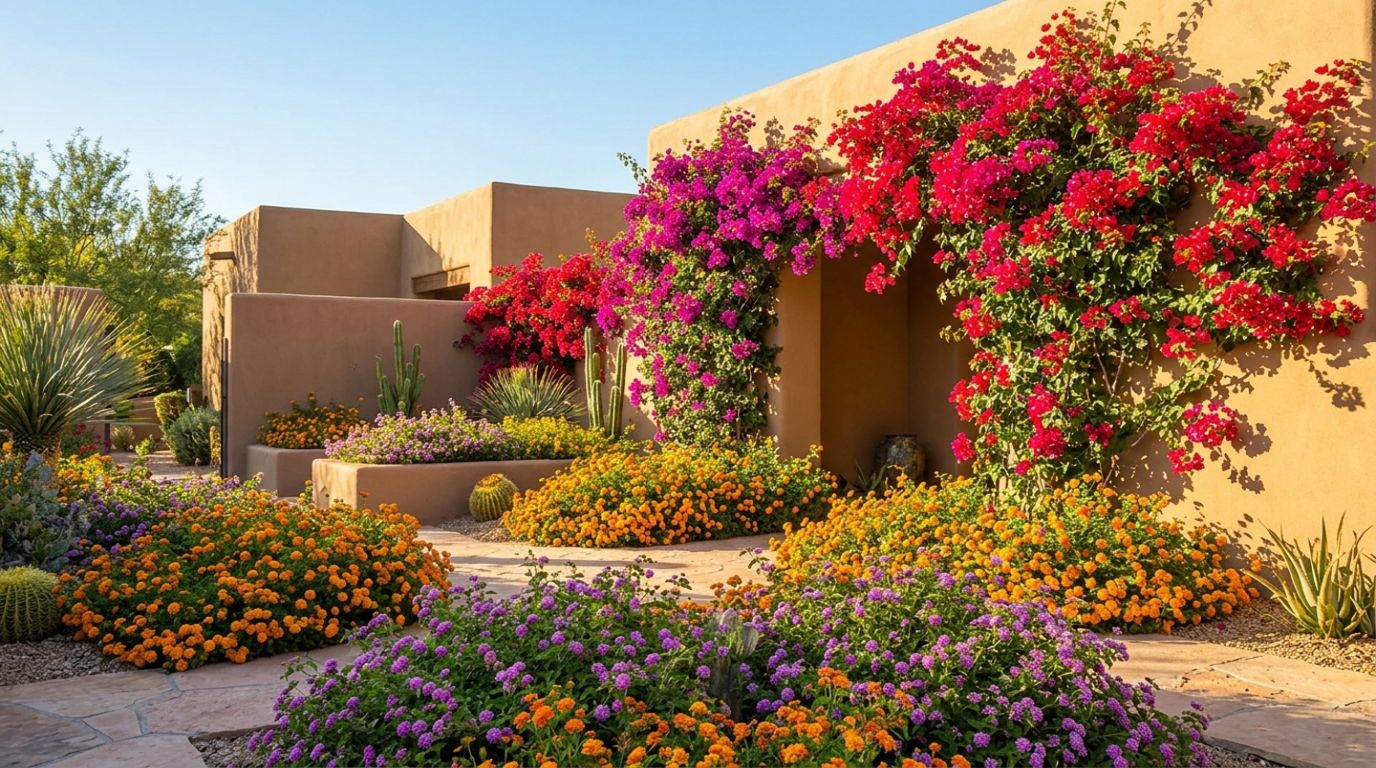 Vibrant desert garden in bloom with orange desert marigolds, purple lantana, and climbing bougainvillea against adobe-colored walls, bright warm sunlight, professional landscape photography
