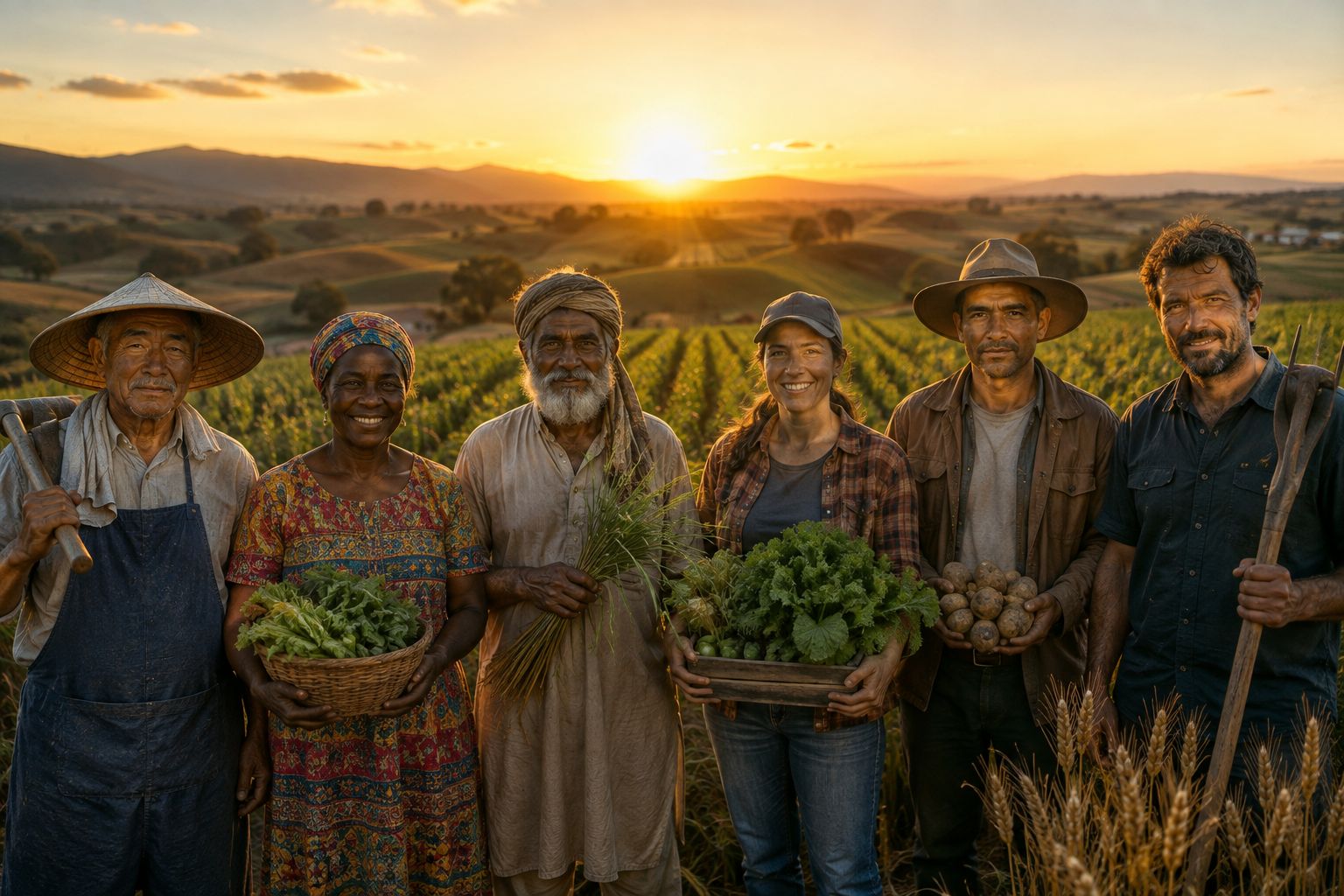 Global farmers at sunset