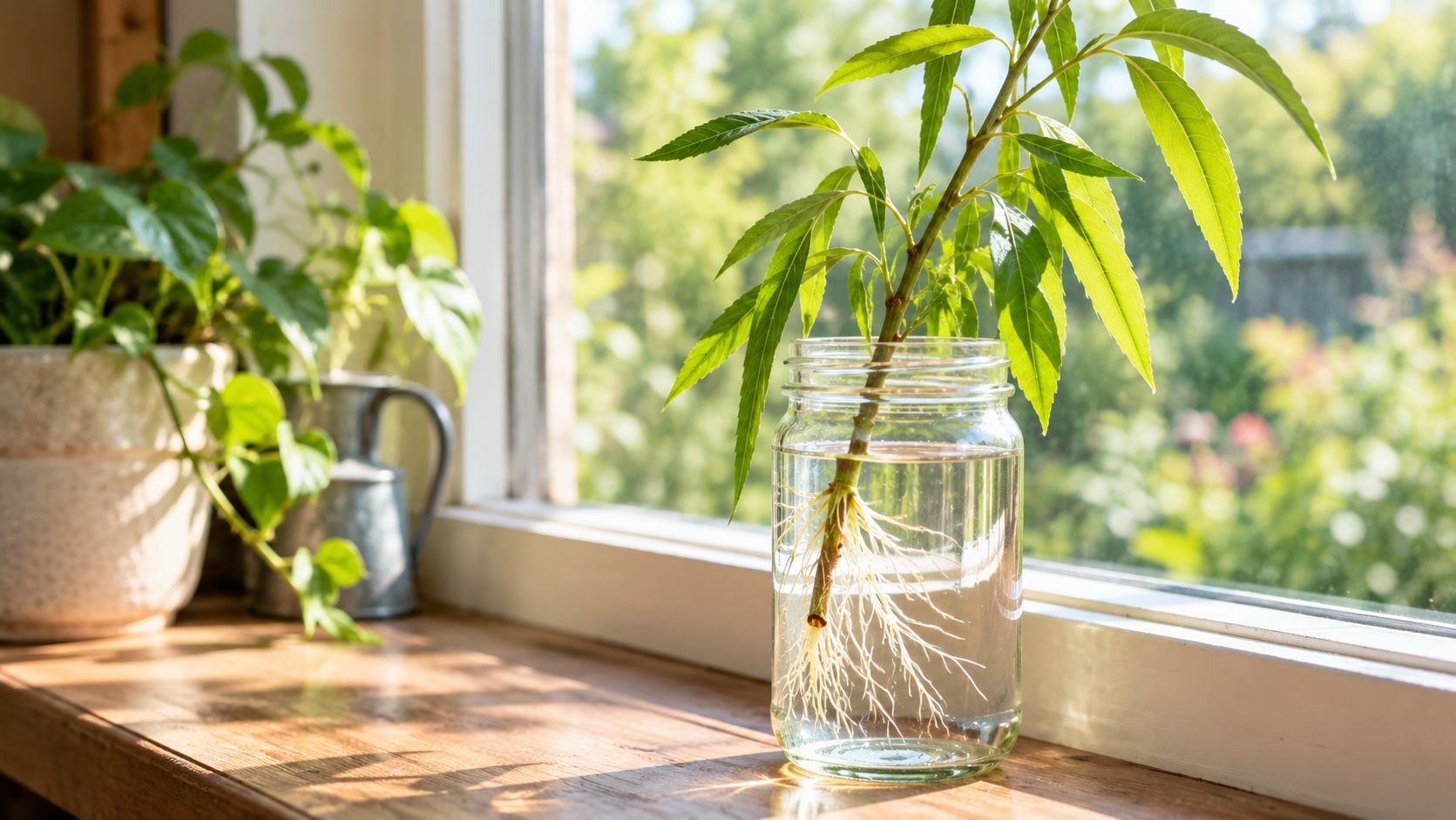 Willow cutting growing white roots in a glass jar of water