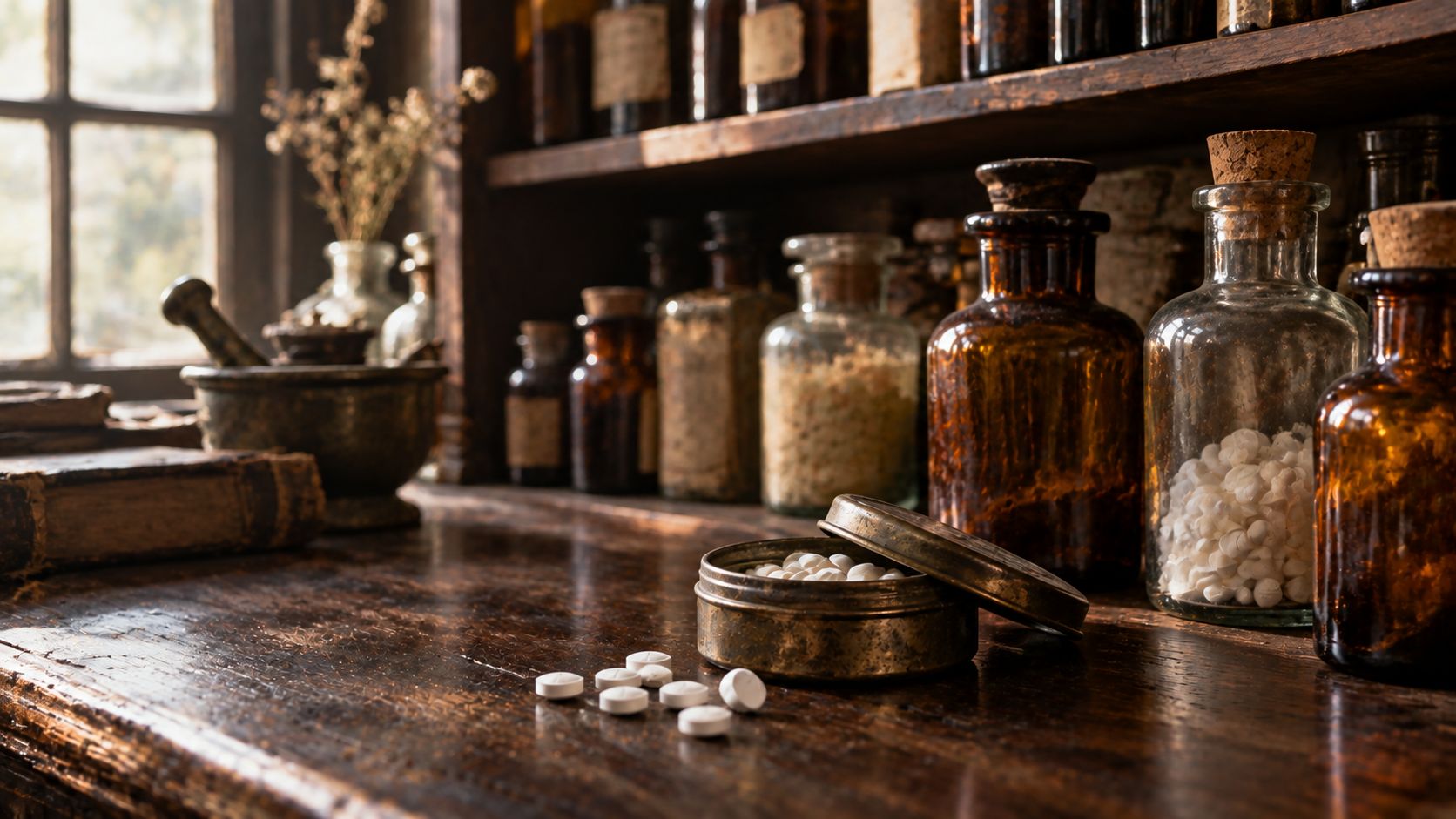 Vintage pharmacy bottles and an old aspirin tin